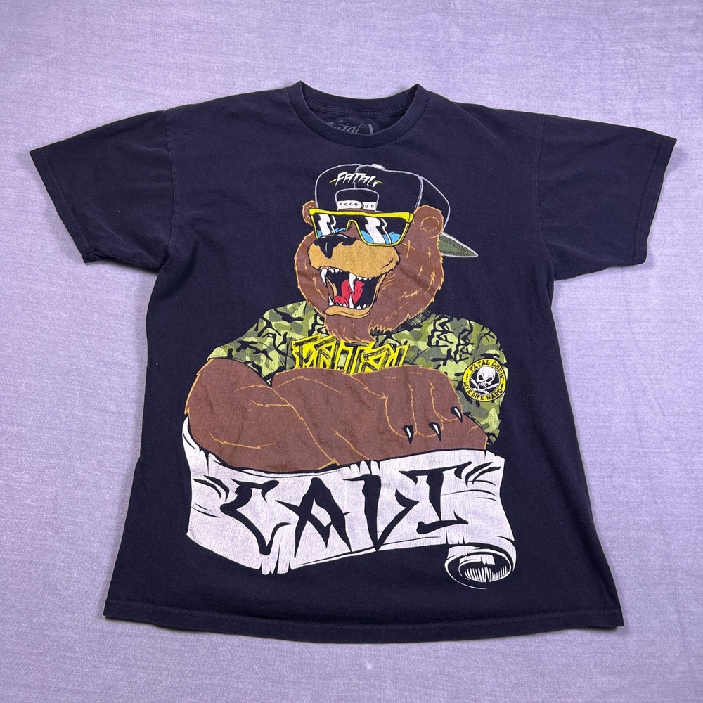 Fatal Cali Bear Graphic Crew Neck Short Sleeve T-Shirt Mens Large Black Cotton